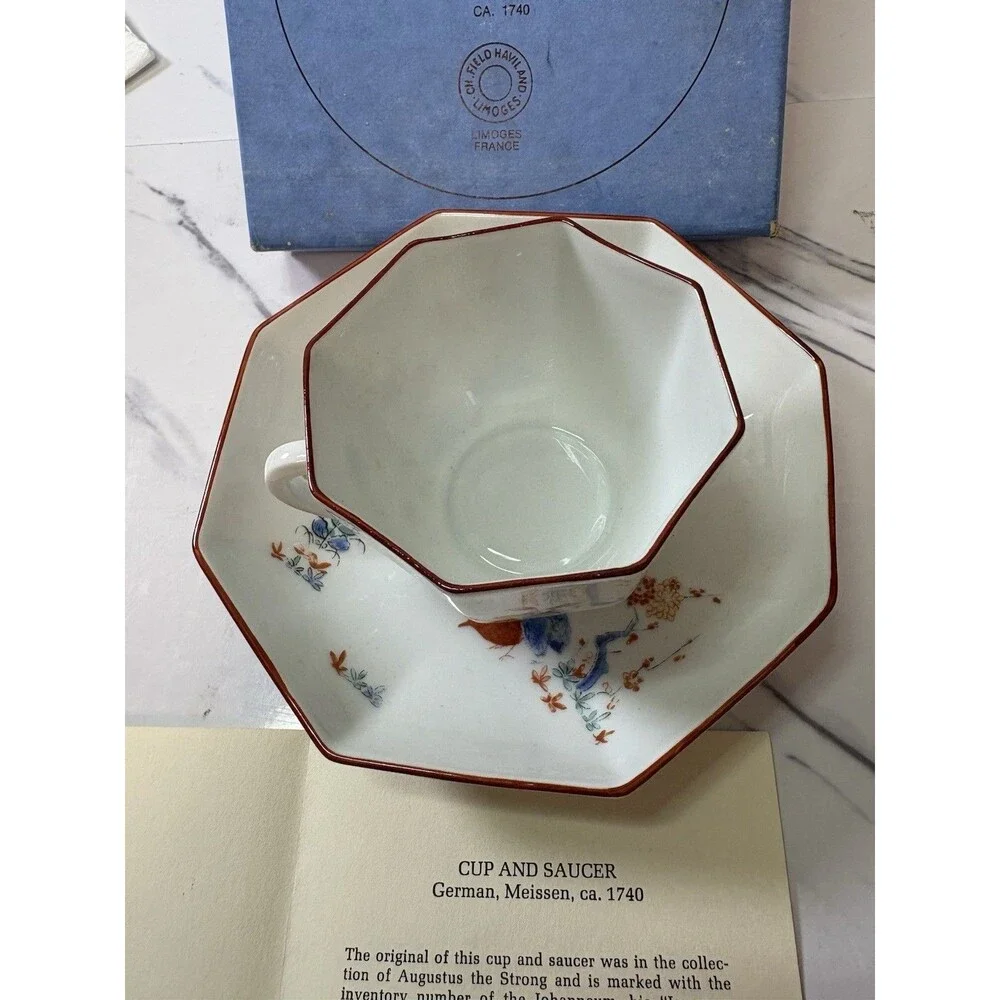 Limoges 1740 Meissen Repro Metropolitan Museum Art Octagonal Quails Cup & Saucer